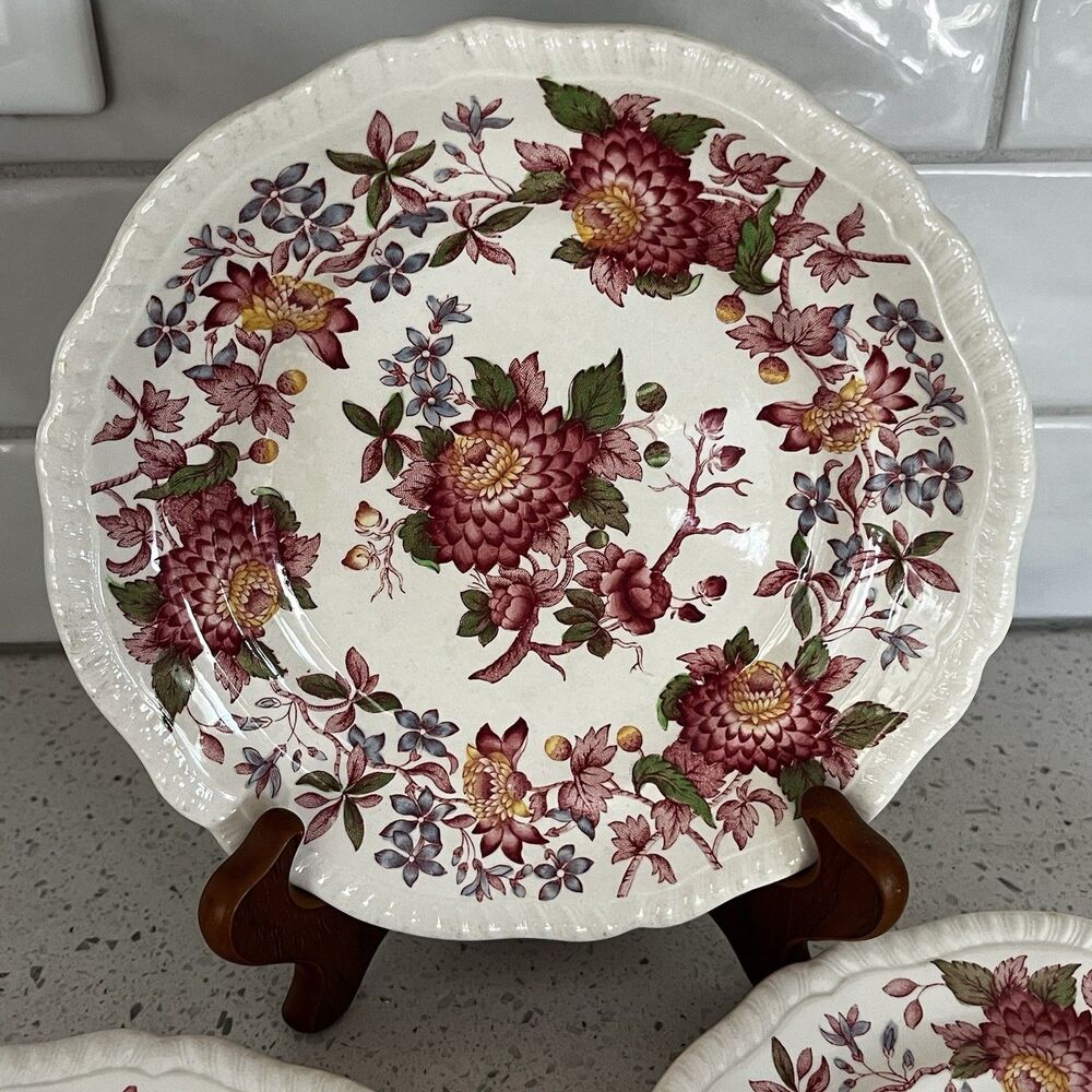 Vtg Set of 2 Spode Copeland Aster Red Salad Plates 7.75 In Gadroon Edge England